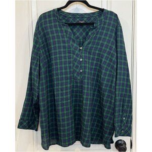 Talbots Navy & Green Plaid Henley Tunic Cotton EUC Casual Tartan Long-Sleeve